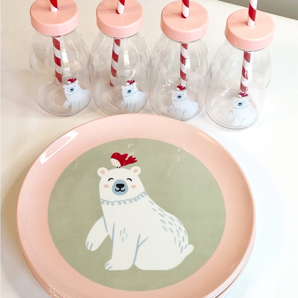 Set of 4 Polar Bear Melamine Plates & Matching Drink Bottles Christmas Tableware